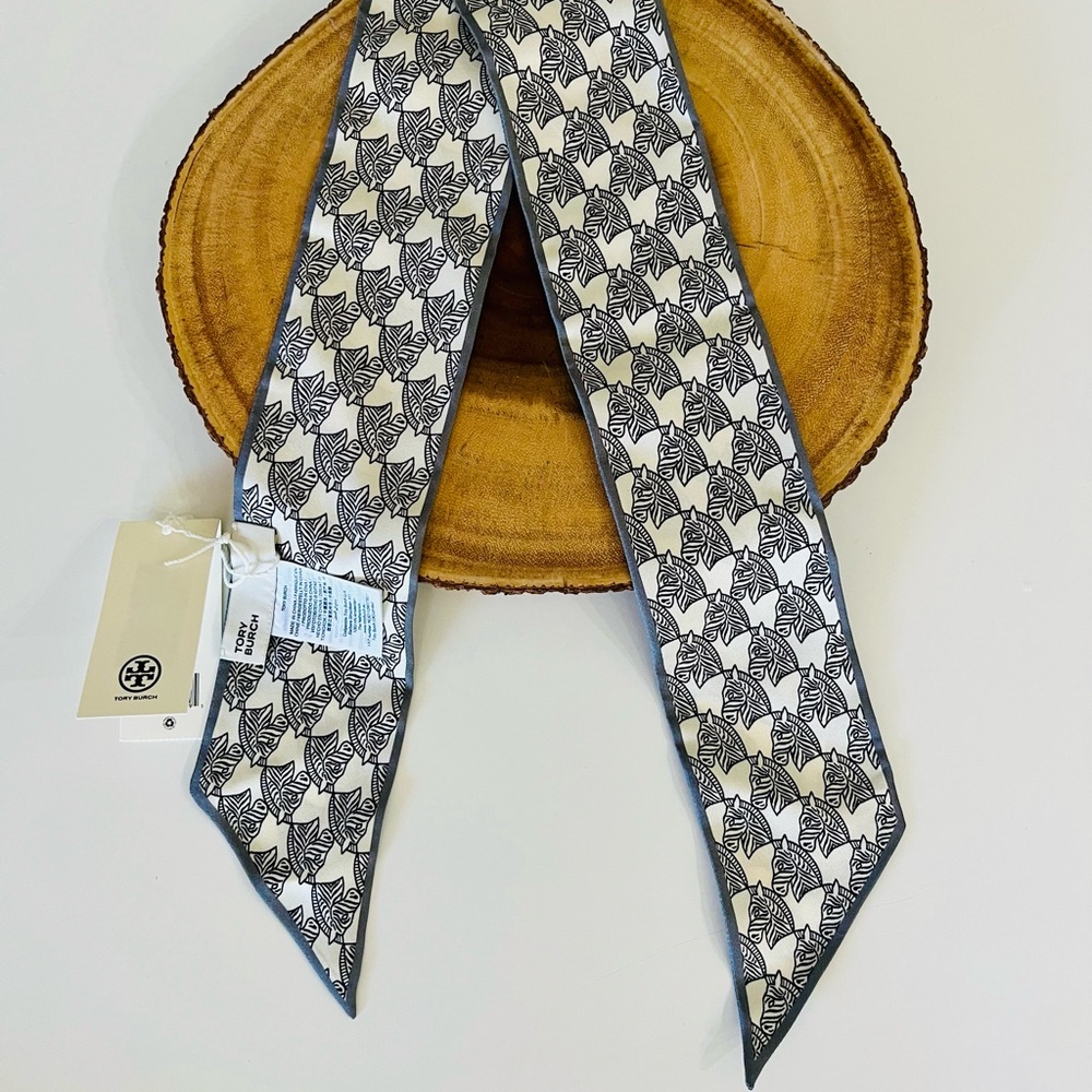 Tory Burch Zebra Print Bag Ribbon Scarf in Black and Cream - Picture 2 of 6